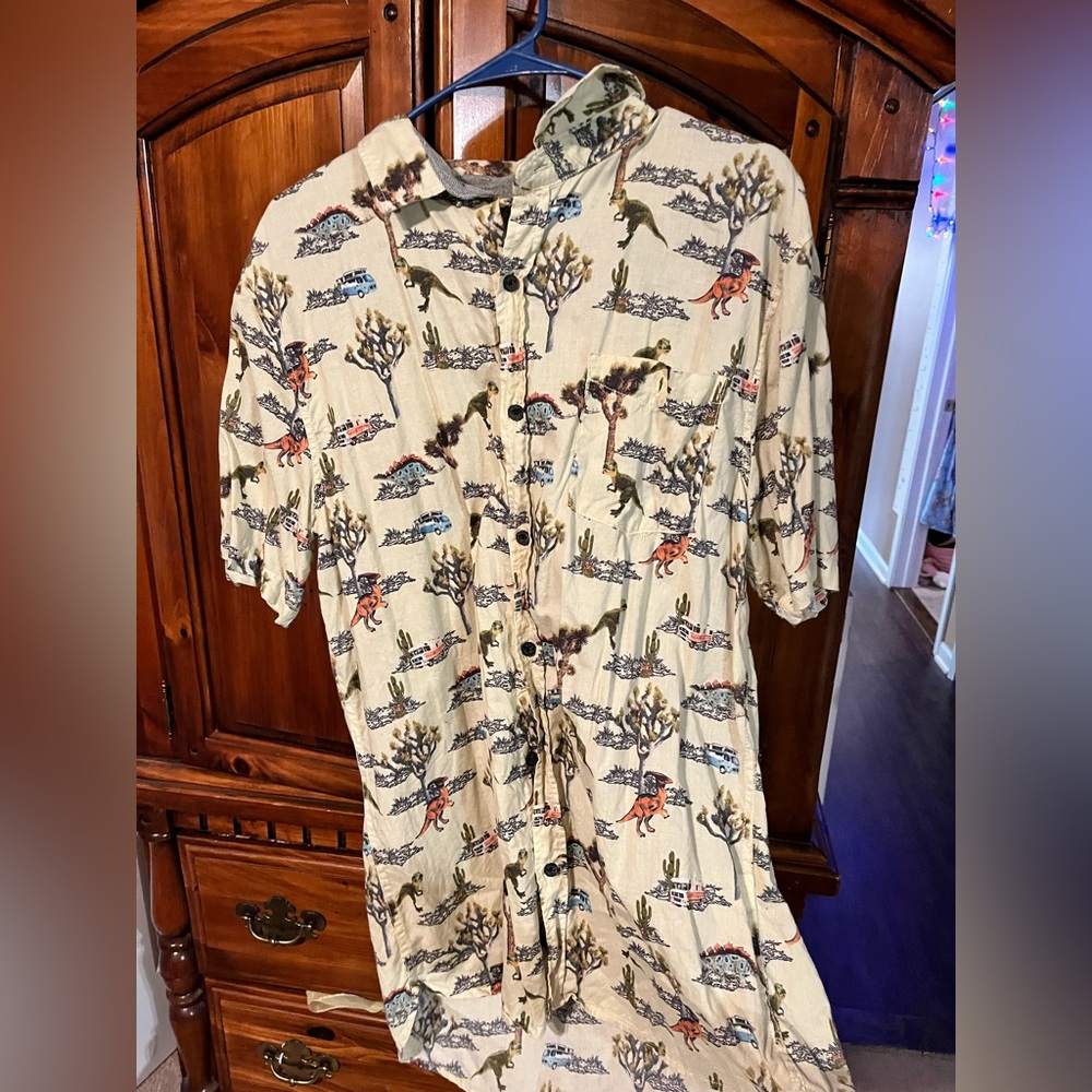 Men’s casual XL funky patterned button down shirt. Dinosaurs, campers and trees.